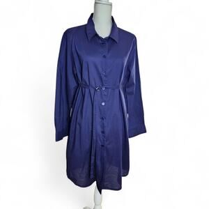 Norma Kamali Womens Lightweight Cotton Belted Blue Buttondown Shirt Dress Size L
